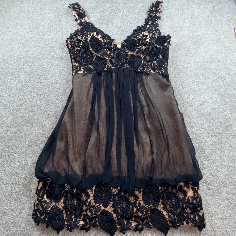Jovani Black Lace Bronze Silk Cocktail Dress Beaded Empire Waist 10 RN81120